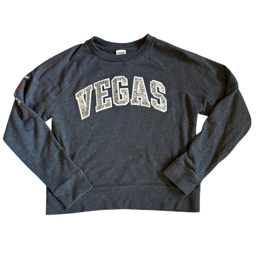 Women’s Victoria's Secret PINK Gray Vegas Win Big Crewneck Sequin Sweatshirt XS